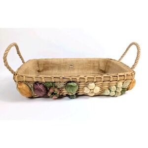 Fruit & Veggie Serving Wicker Tray Basket Burlap Lined Rope Handles Vintage